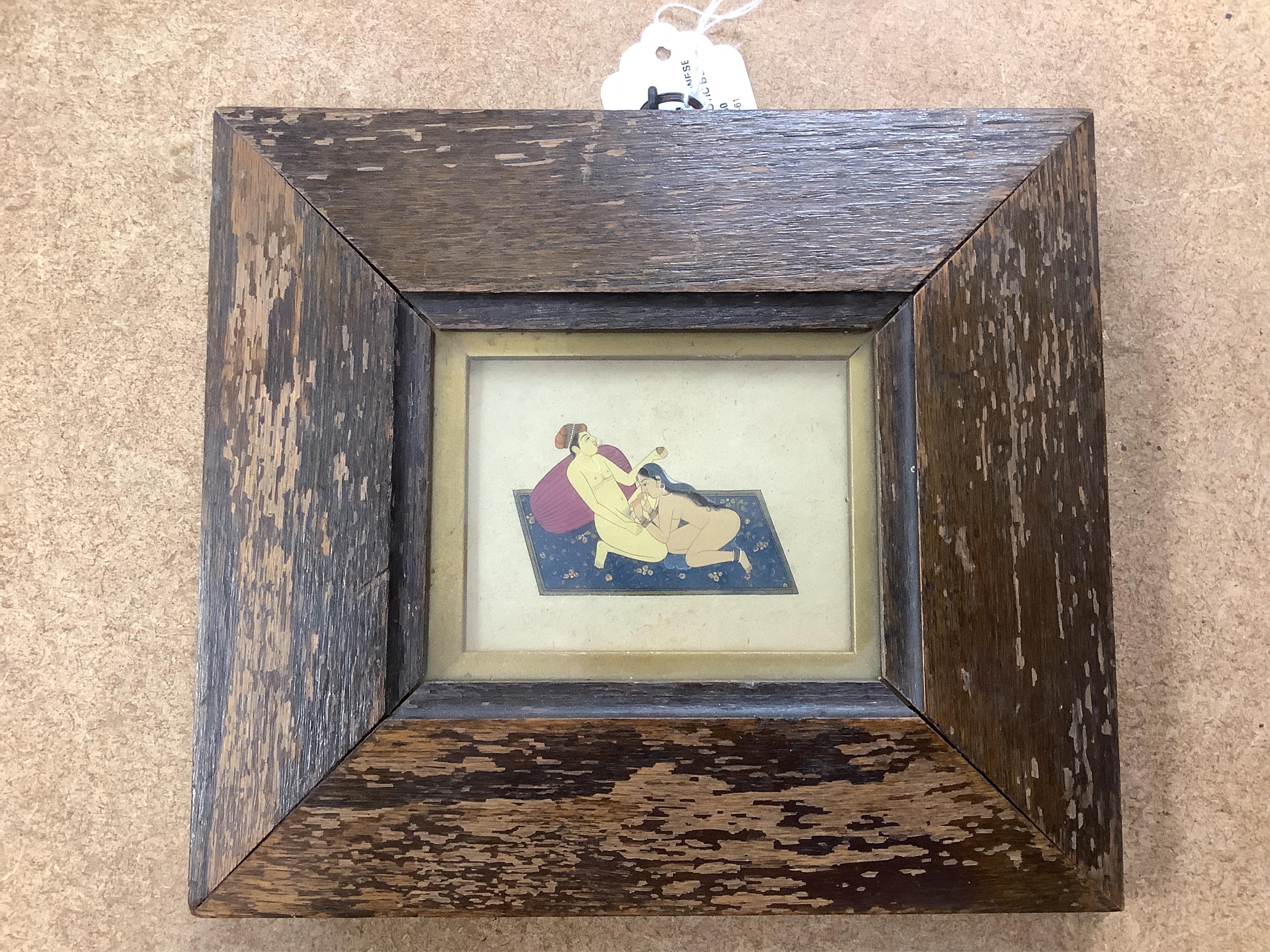 A 20th century Chinese porcelain erotic bowl, and a framed erotic watercolour, bowl 18.5cm diameter